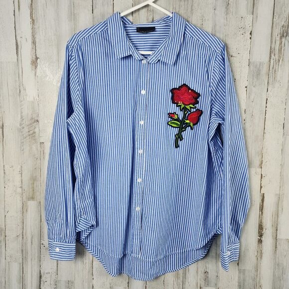 Jeans by Buffalo Striped Floral Button-Down Shirt Blue Red Size Large - Picture 1 of 9